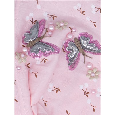 Косынка для девочки на резинке, вишенки, сбоку две розовые бабочки, светло-розовый