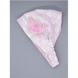 Косынка для девочки на резинке, белые цветы, сбоку ажурный розовый бантик с бусинами, светло-розовый