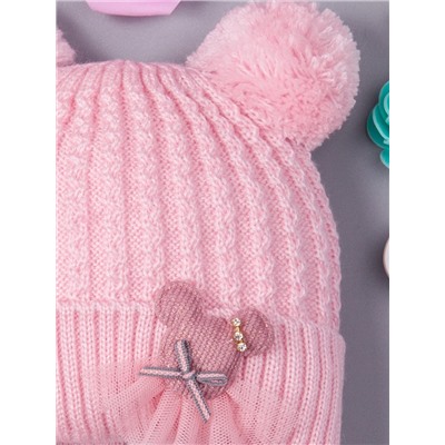 Шапка вязаная для девочки на завязках с двумя бубончиками, розовый мишка в юбке, розовый