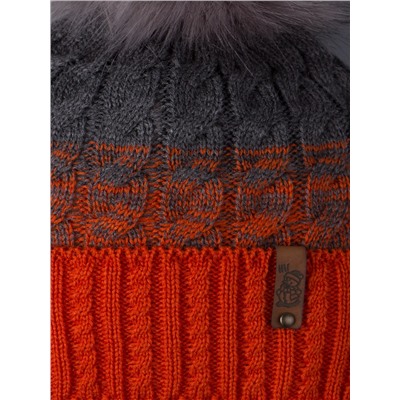 Шапка вязаная для мальчика с помпоном на завязках, двухцветная, нашивка снеговик + снуд, оранжевый