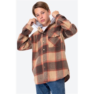 Теплая фланелевая рубашка в клетку с капюшоном для мальчика Happy Fox