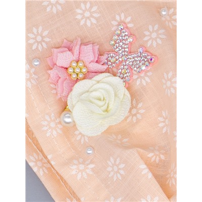 Косынка для девочки на резинке, белые цветы, бусинки, сбоку розовый и желтый цветок, бант,персиковый