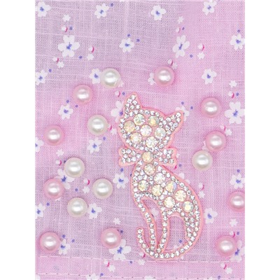 Косынка для девочки на резинке, цветочки, сбоку розовая кошка из страз и бусинки, розовый